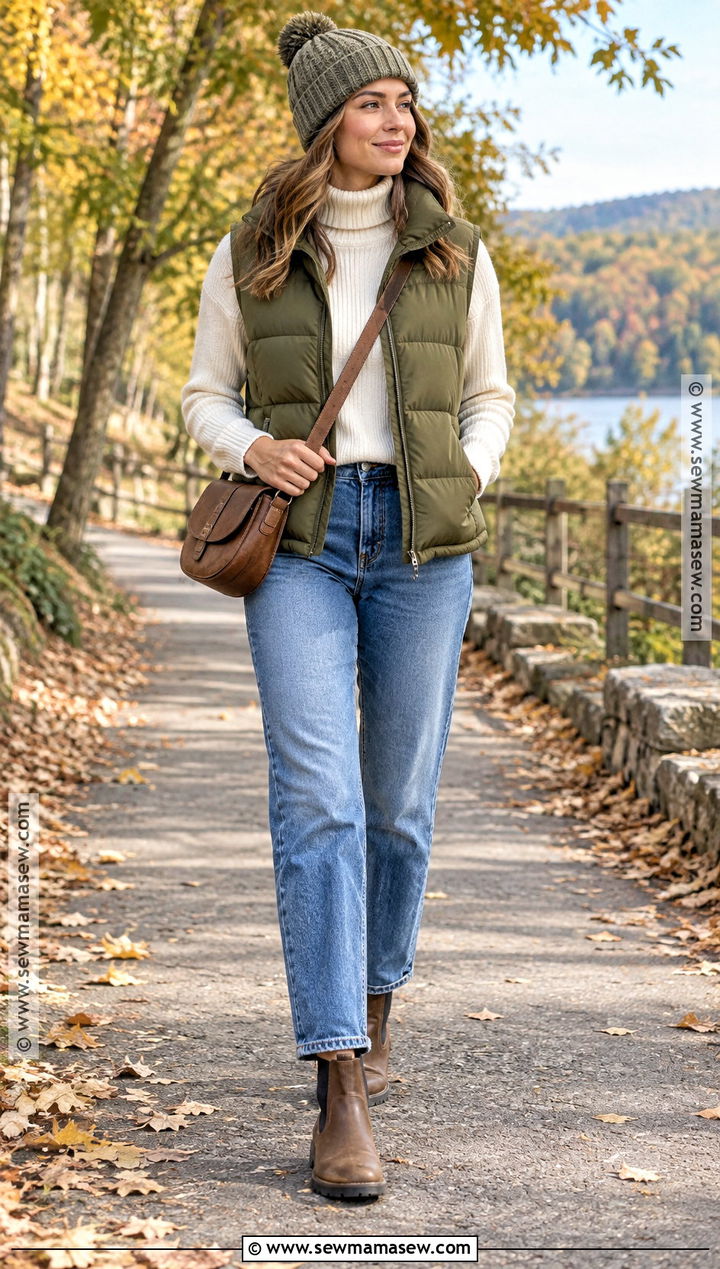 Turtleneck With Puffer Vest and Jeans - 20 fall turtleneck outfit ideas