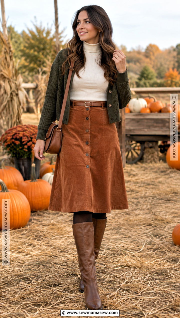 Turtleneck and Corduroy Skirt Pumpkin Patch Outfit - 20 pumpkin patch date outfit ideas