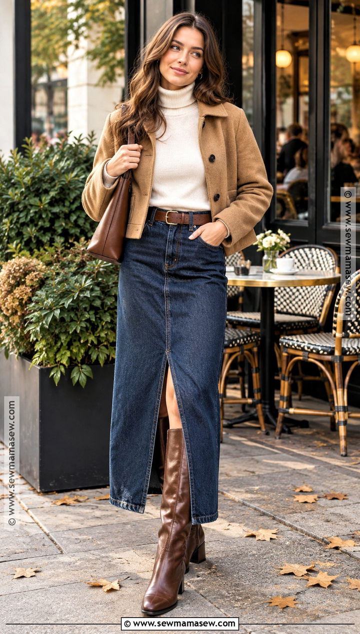 Turtleneck and Denim Maxi Skirt Fall Brunch Outfit - 25 fall brunch outfit classy ideas