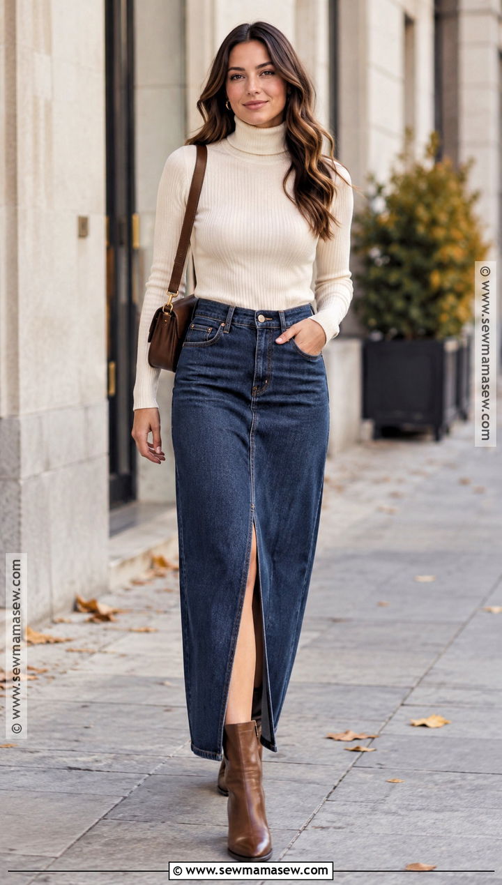 Turtleneck and Denim Maxi Skirt Fall Outfit - 15 Comfortable Fall Outfits 2026