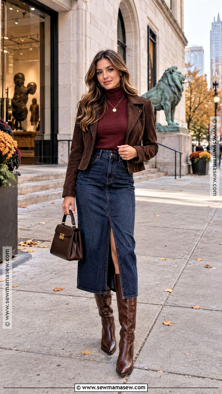 Turtleneck and Denim Midi Skirt Chicago Fall Outfit - 20 fall chicago outfits