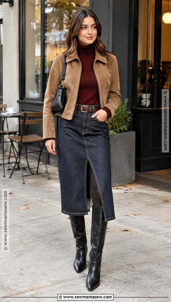 Turtleneck and Denim Midi Skirt Outfit - 20 cute fallwinter outfits