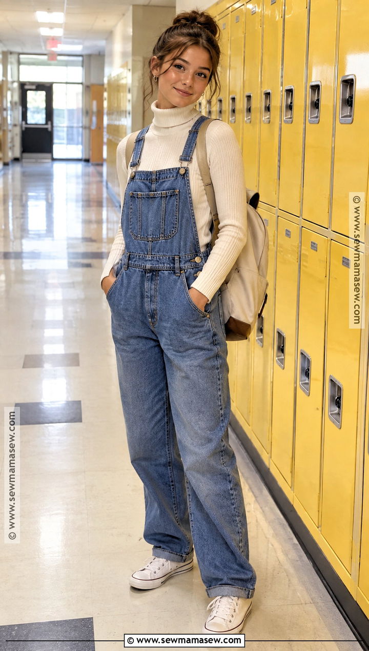 Turtleneck and Overalls Fall School Outfit - 25 fall outfits for school for teens