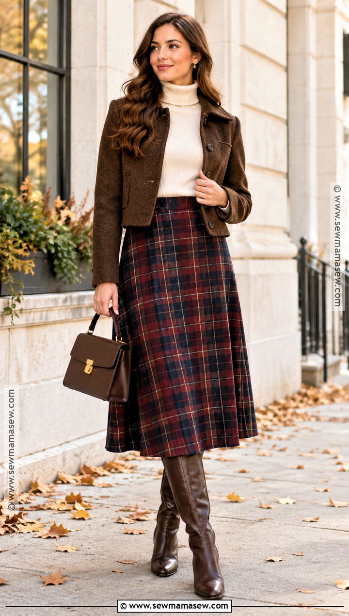Turtleneck and Plaid Midi Skirt Fall Outfit - 25 outfit ideas for fall
