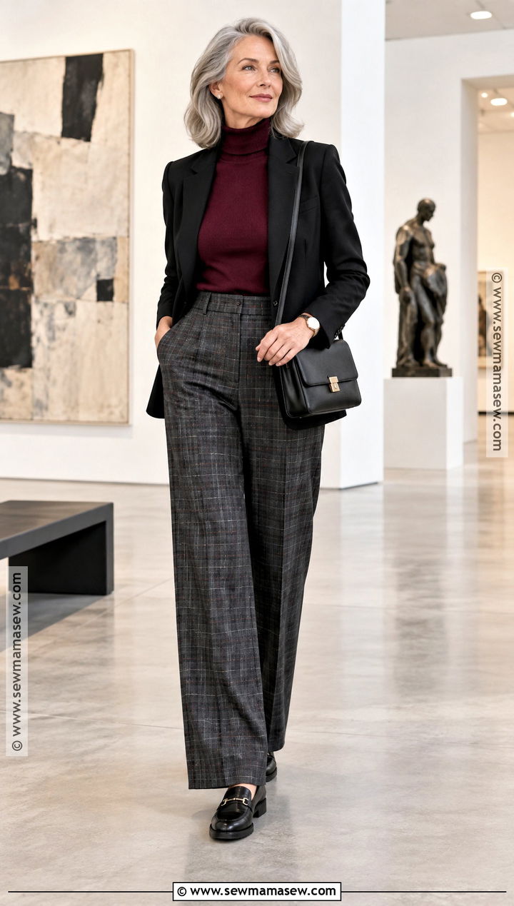 Turtleneck and Plaid Trousers Fall Museum Outfit - 15 fall weekend getaway outfits capsule wardrobe