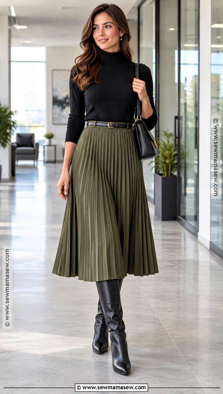 Turtleneck and Pleated Midi Skirt Fall Work Outfit - 20 Fall Work Wear Ideas