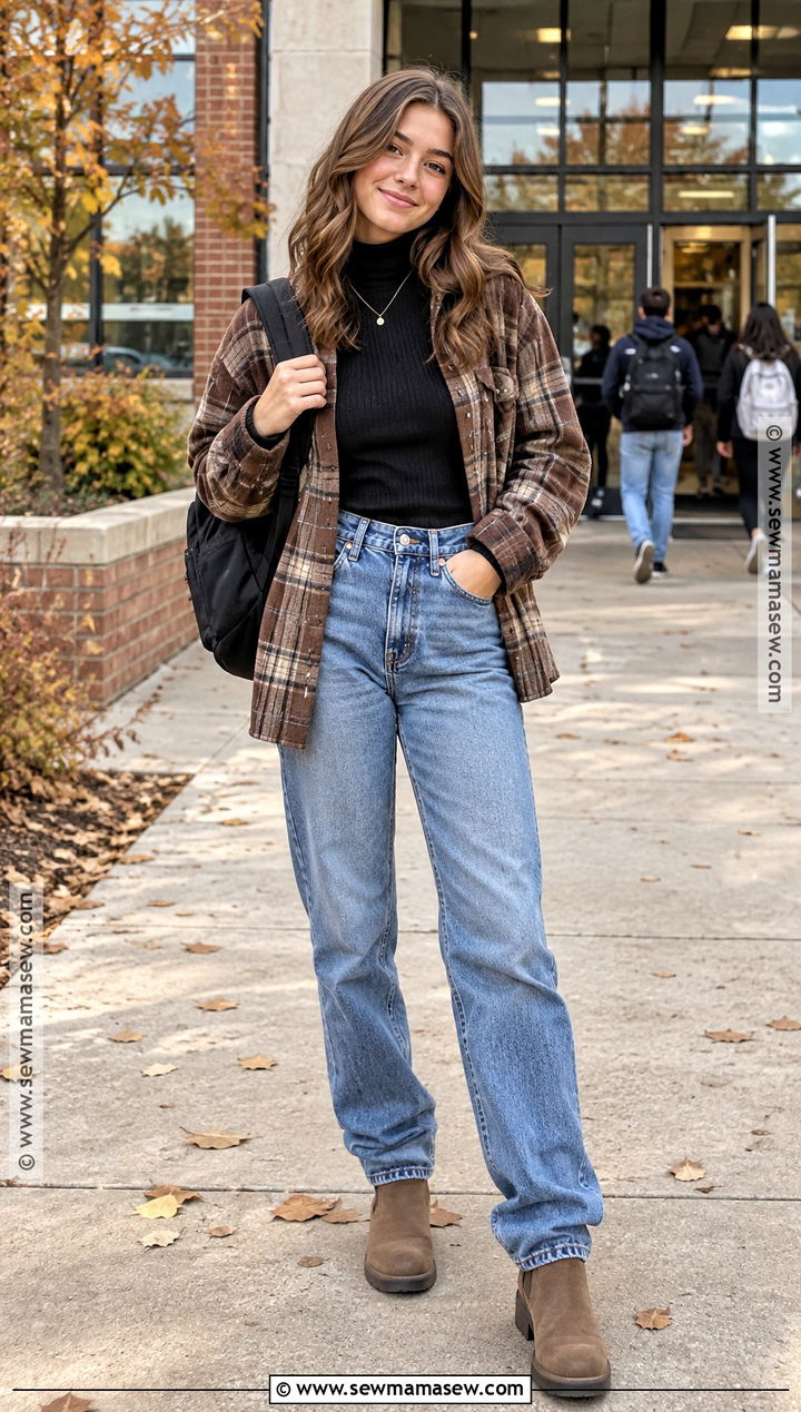 Turtleneck and Relaxed Jeans Fall School Outfit - 15 cute outfits for school for highschool fall