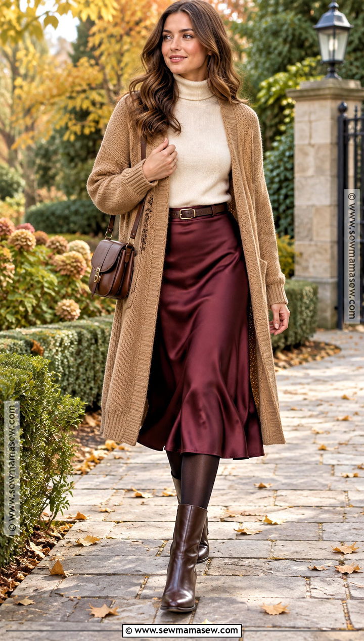 Turtleneck and Satin Midi Skirt Autumn Stroll Outfit - 15 Autumn Stroll Outfit Ideas
