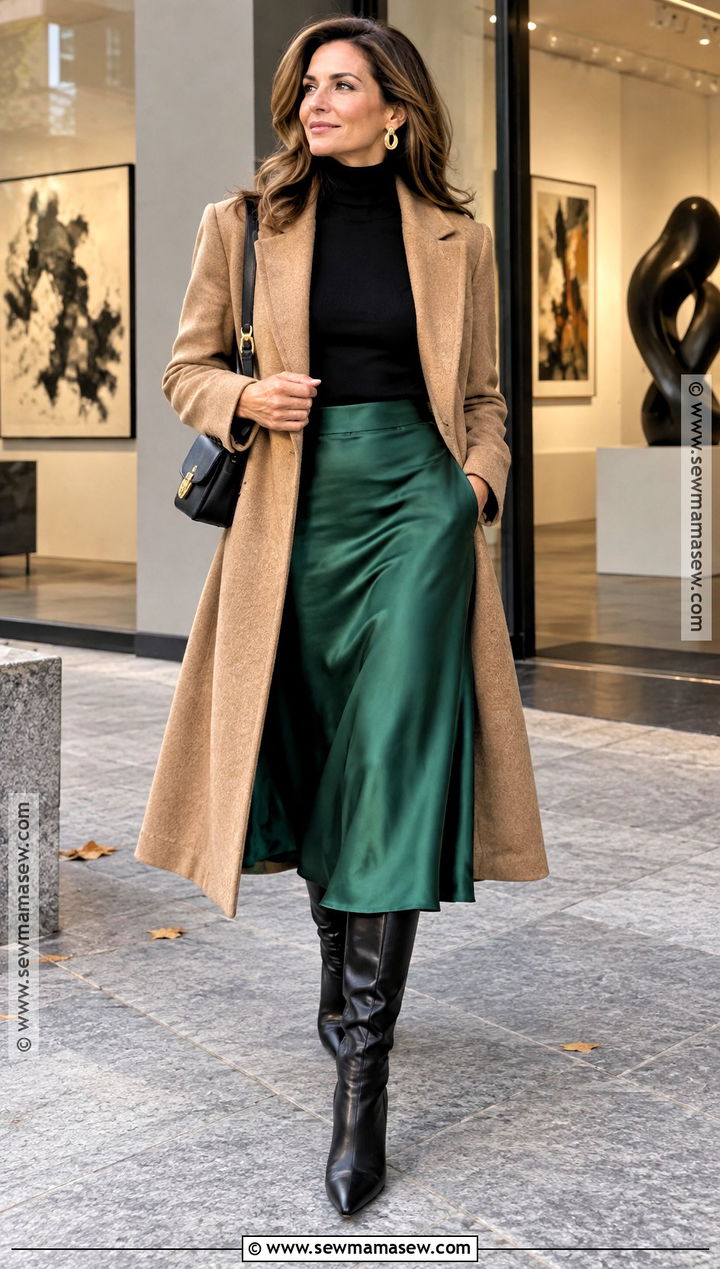 Turtleneck and Satin Midi Skirt Fall Outfit - 20 fall wear ideas