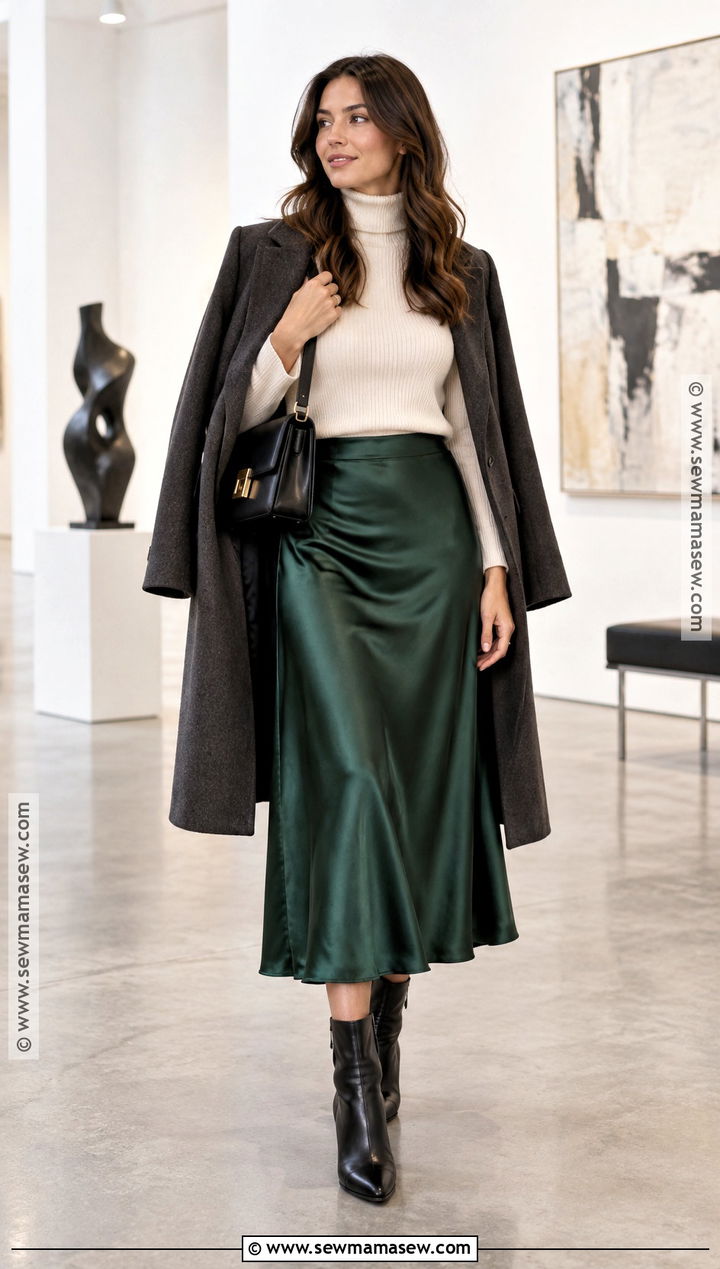 Turtleneck and Satin Midi Skirt Fall Outfit - 25 Fall Season Outfits