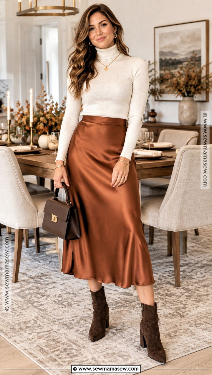 Turtleneck and Satin Midi Skirt Thanksgiving Outfit - 20 Comfy Thanksgiving Day Outfits