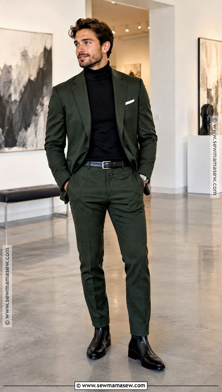 Turtleneck and Suit Groom Outfit for a Fall Wedding - 15 fall mens wedding attire groom style ideas