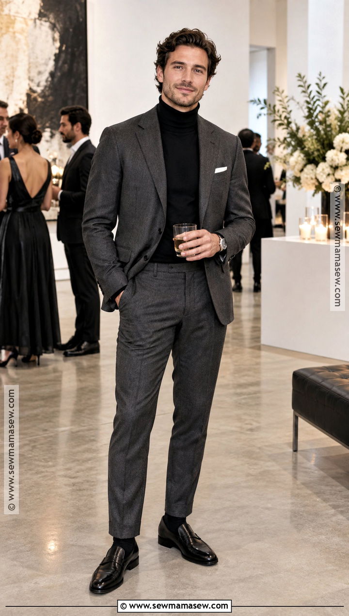 Turtleneck and Tailored Suit Fall Wedding Guest Outfit - 15 fall wedding attire for men guest ideas
