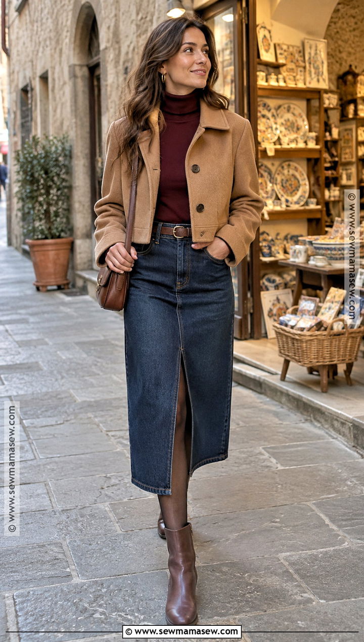 Tuscany Fall Denim Midi Skirt And Ankle Boots Outfit - 20 tuscany fall outfit ideas