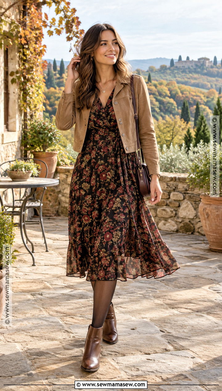 Tuscany Fall Floral Midi Dress And Cropped Jacket Outfit - 15 Tuscany Italy Outfits Fall