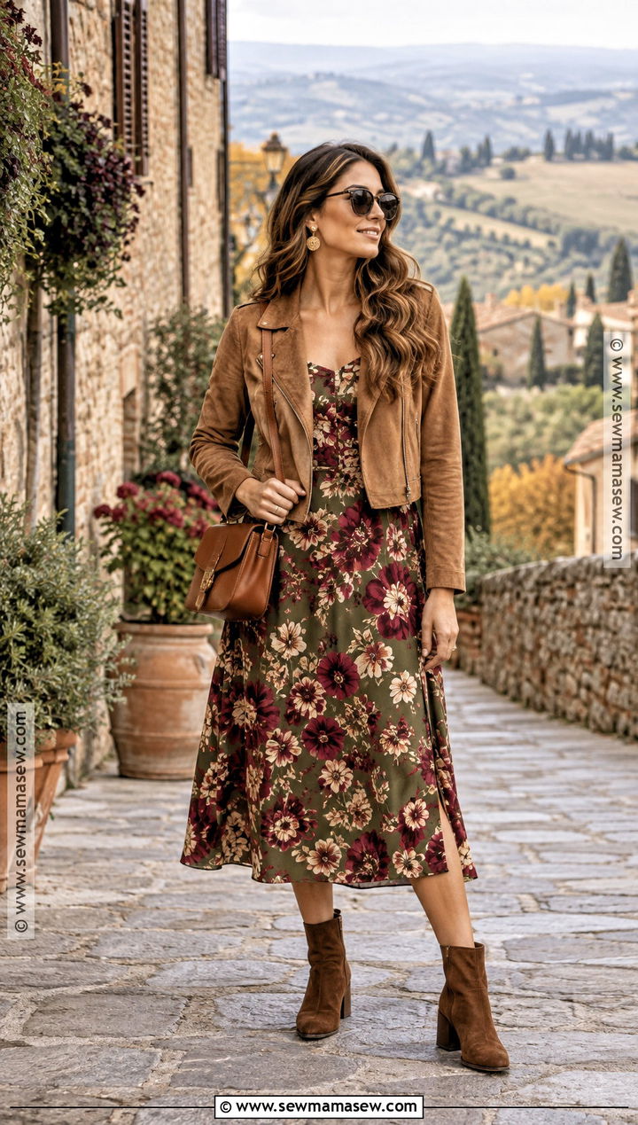 Tuscany Fall Floral Midi Dress Outfit - 20 tuscany fall outfit ideas