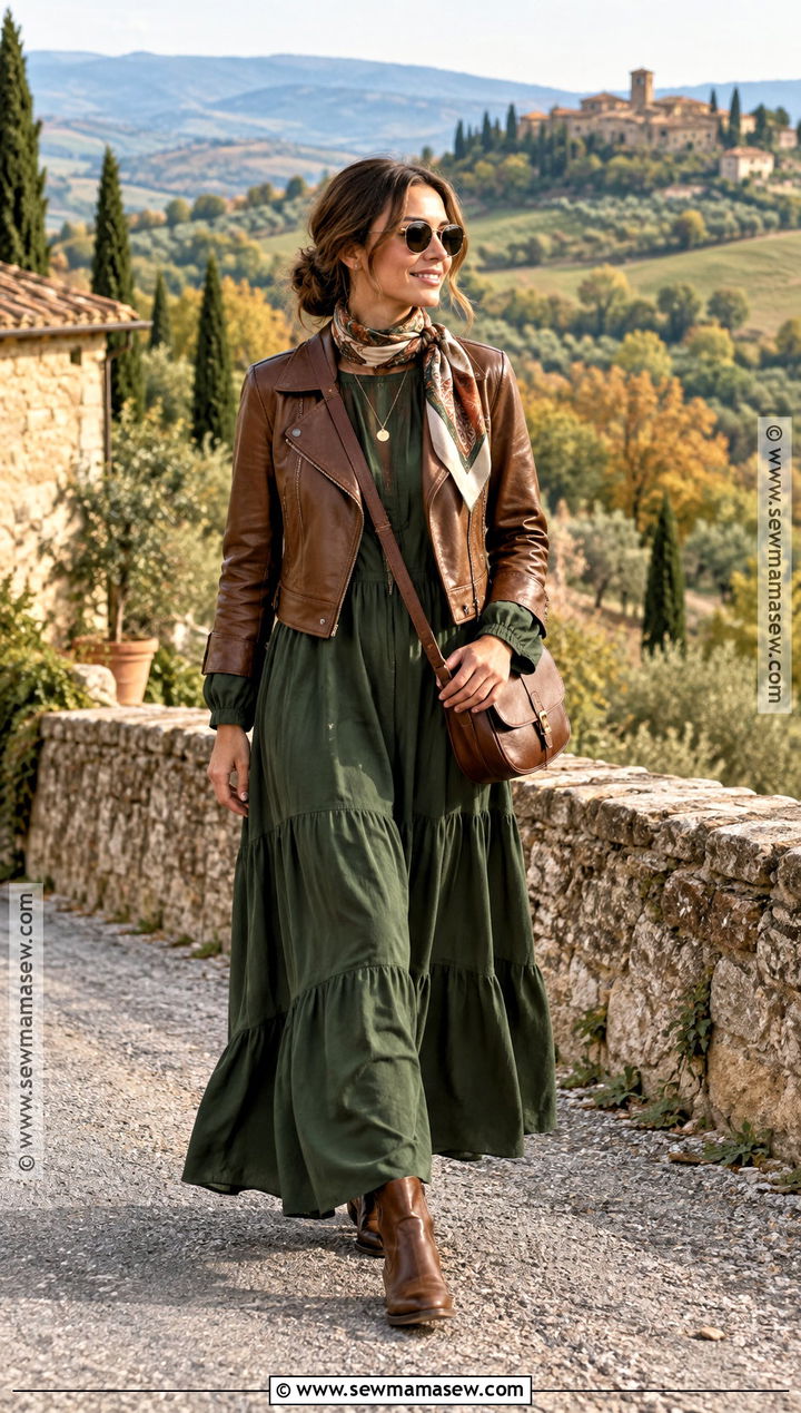 Tuscany Fall Leather Jacket And Maxi Dress Outfit - 20 tuscany fall outfit ideas