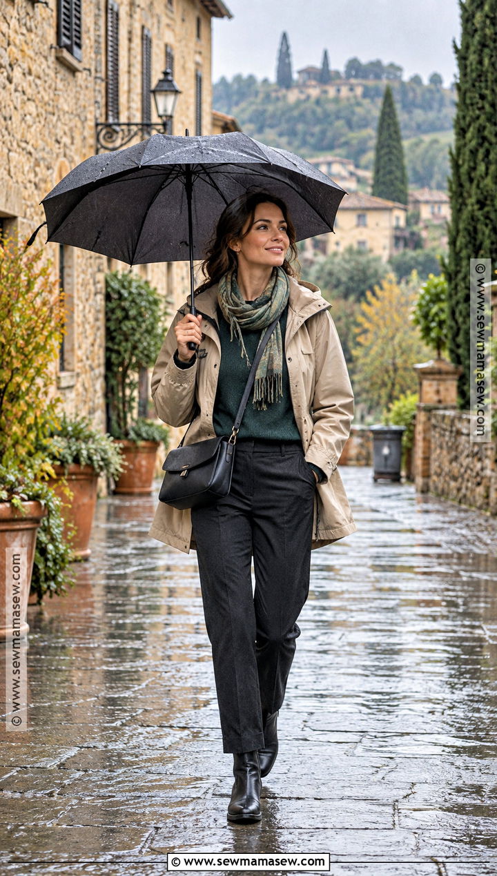 Tuscany Fall Rain Jacket And Tailored Pants Outfit - 20 tuscany fall outfit ideas