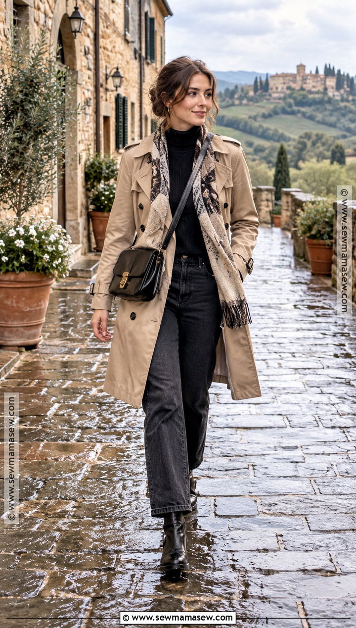 Tuscany Fall Trench Coat And Dark Jeans Outfit - 15 Tuscany Italy Outfits Fall