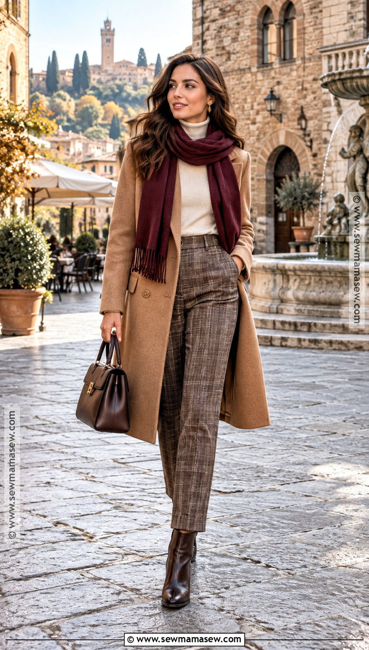 Tuscany Fall Wool Coat And Plaid Trousers Outfit - 15 Tuscany Italy Outfits Fall