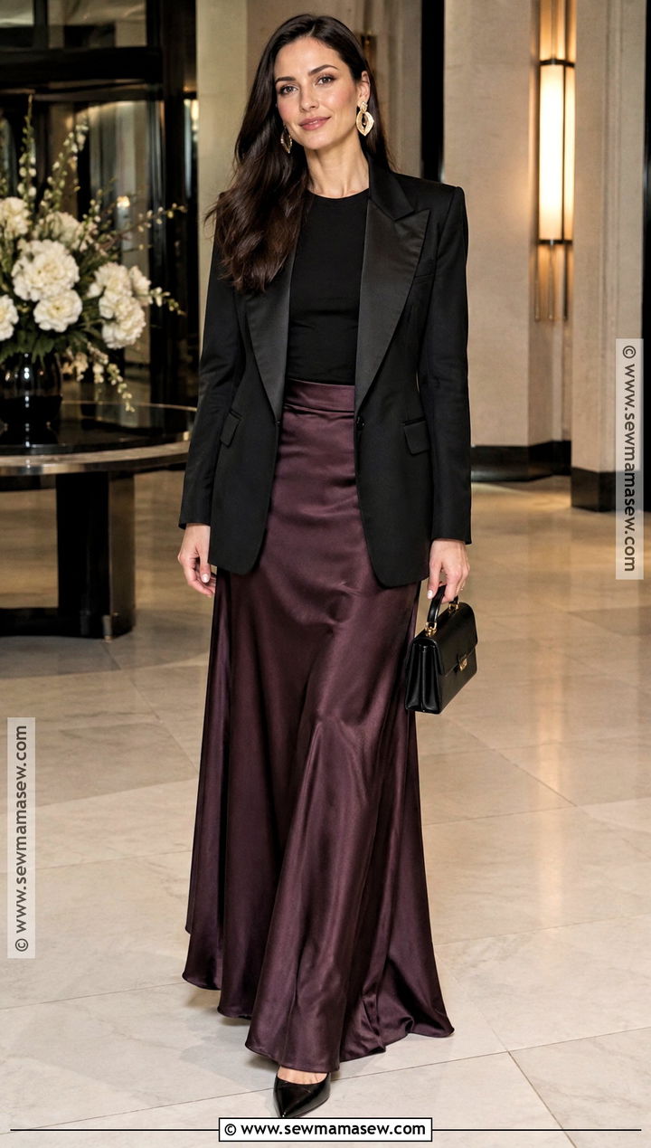 Tuxedo Blazer And Satin Maxi Skirt Outfit - 15 Autumn Winter Fashion Collection Ideas