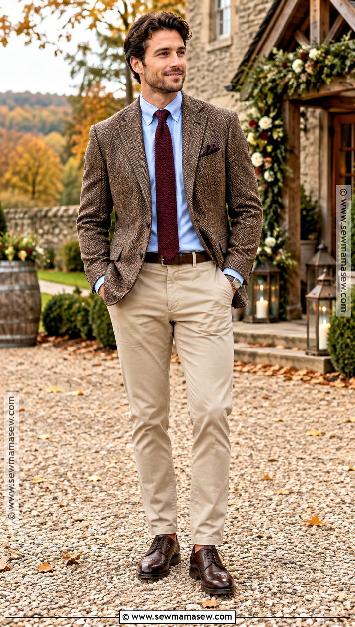 Tweed Blazer And Chinos Fall Wedding Outfit - 15 fall wedding outfit men guest ideas