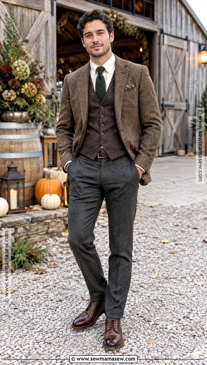 Tweed Blazer And Dress Pants Groom Outfit - 20 groom fall wedding attire ideas