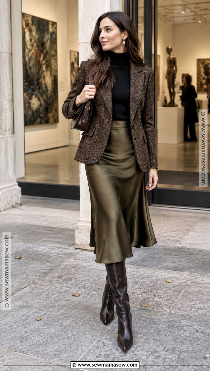 Tweed Blazer And Satin Skirt Outfit - 25 fancy fall outfits