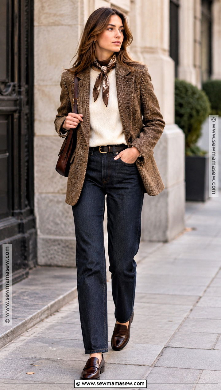 Tweed Blazer And Straight Leg Jeans Autumn Outfit - 25 autumn aesthetic outfit vintage ideas