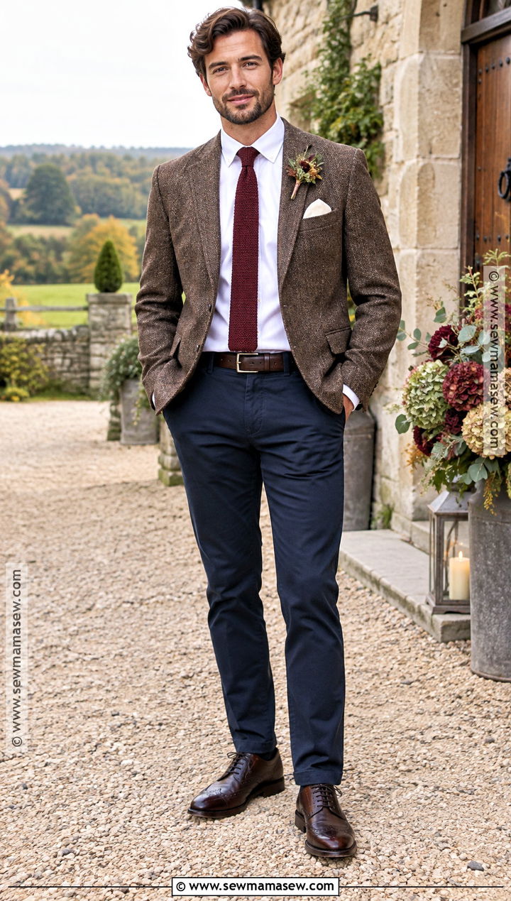 Tweed Blazer Groomsmen Outfit With Chinos - 25 fall groomsmen attire ideas