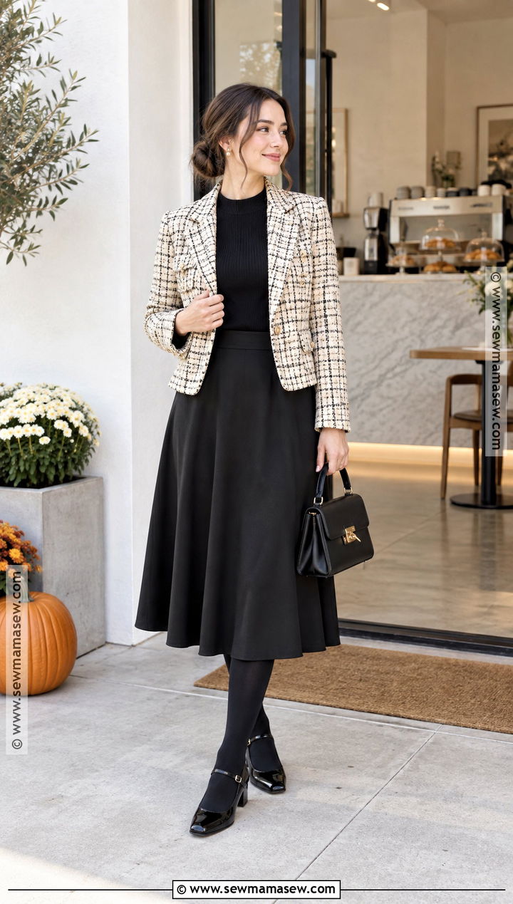 Tweed Blazer With Midi Skirt And Mary Janes - 15 fall outfit with blazer ideas