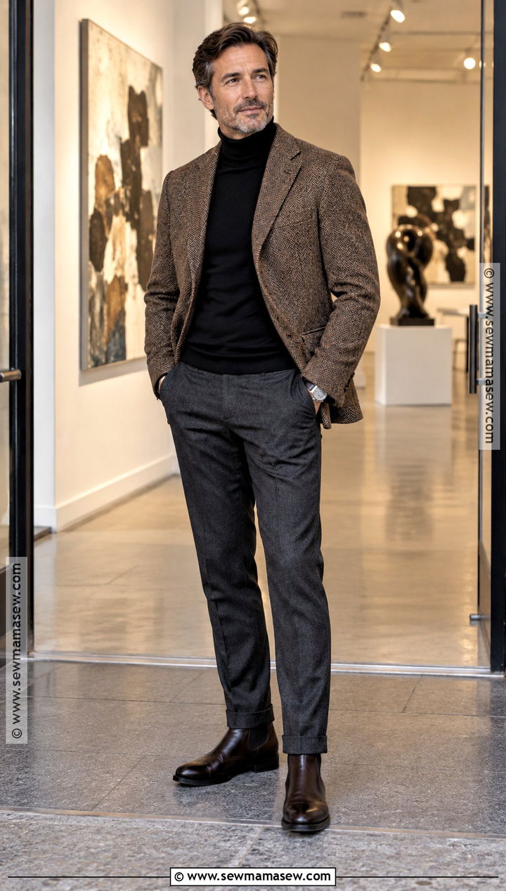 Tweed Blazer With Roll Neck And Wool Trousers - 15 Mens Smart Casual Outfits Autumn