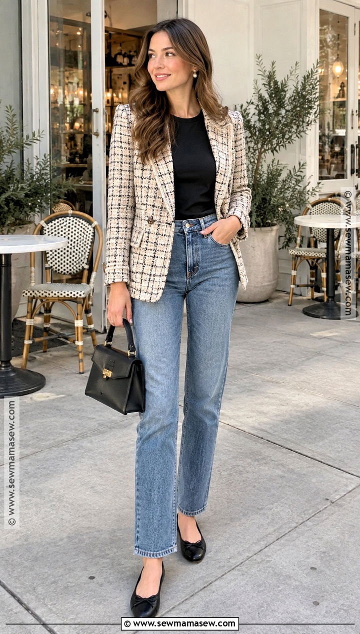 Tweed Blazer With Straight Jeans And Ballet Flats - 20 fall blazer outfits