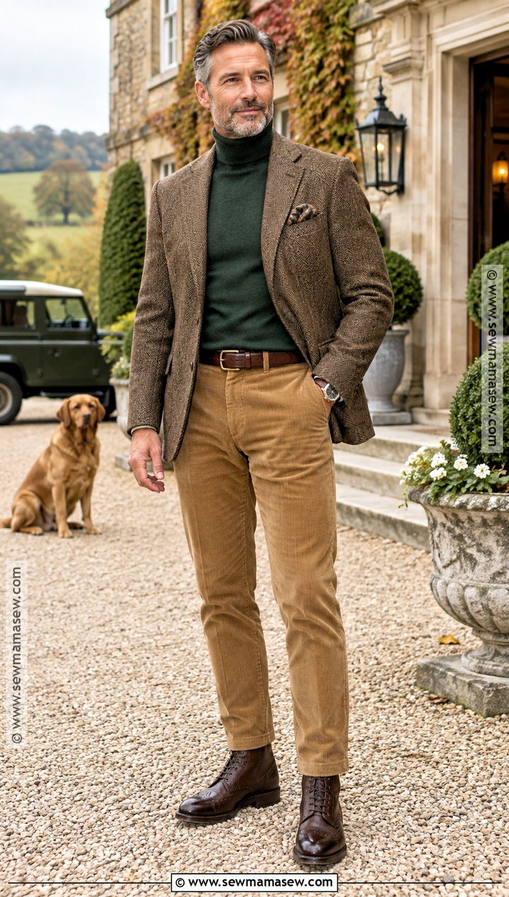 Tweed Blazer With Turtleneck And Corduroy Trousers - 15 country fall outfits for men