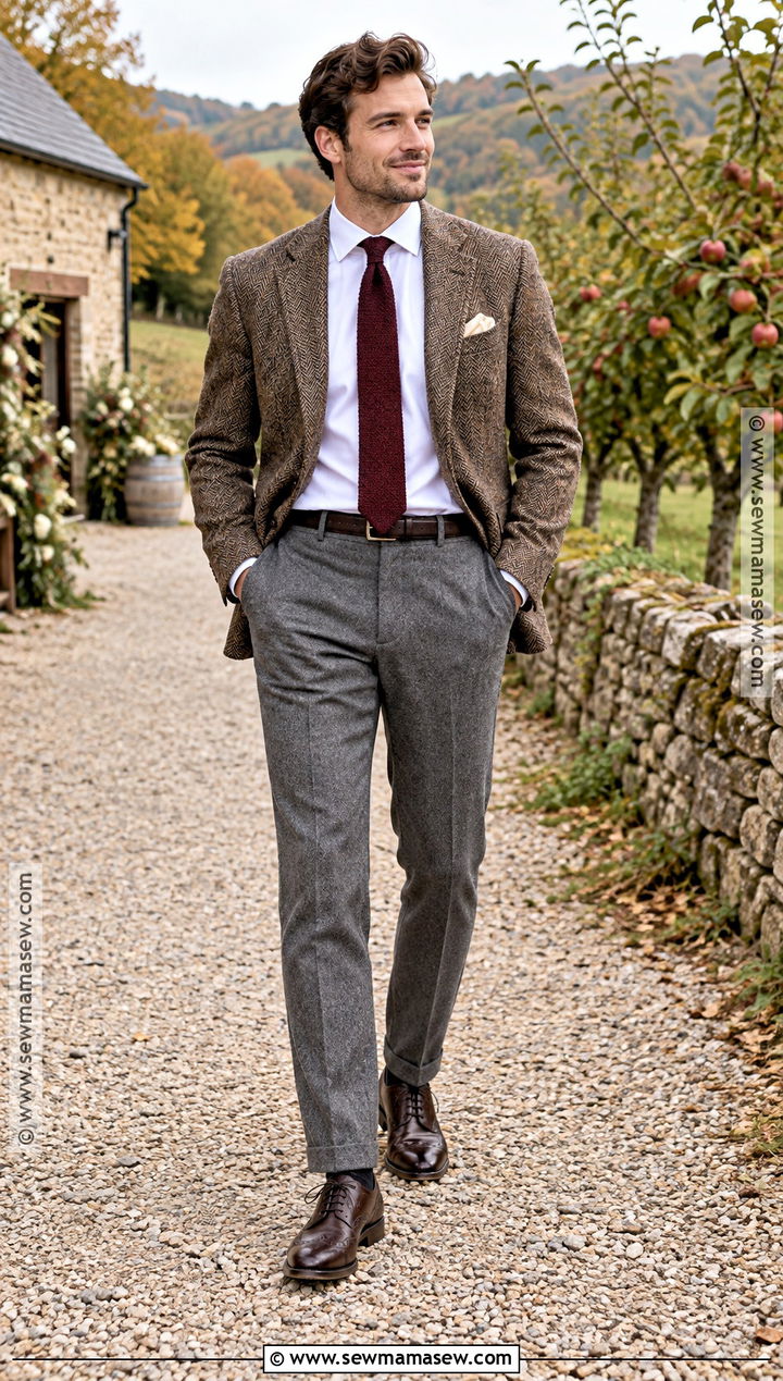 Tweed Blazer and Gray Trousers Fall Wedding Guest Outfit - 15 fall wedding attire for men guest ideas