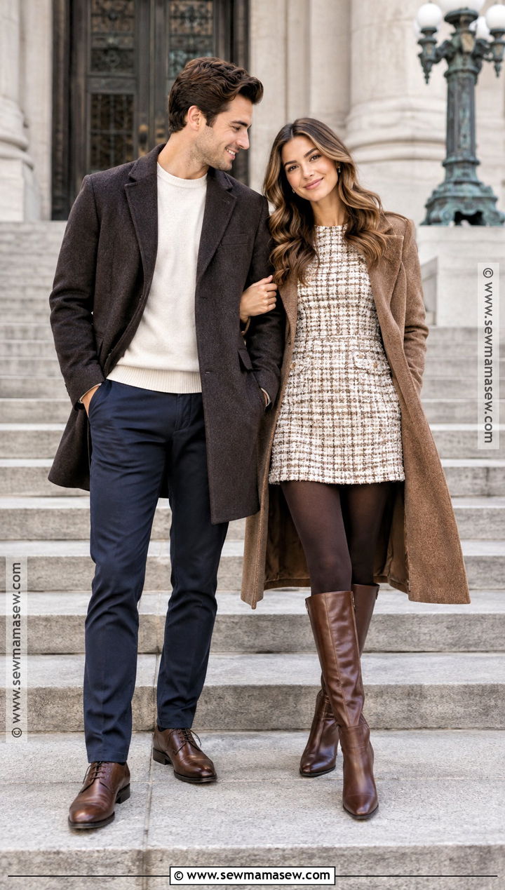 Tweed Dress And Tall Boots Fall Engagement Photo Outfit - 25 engagement photos outfits fall