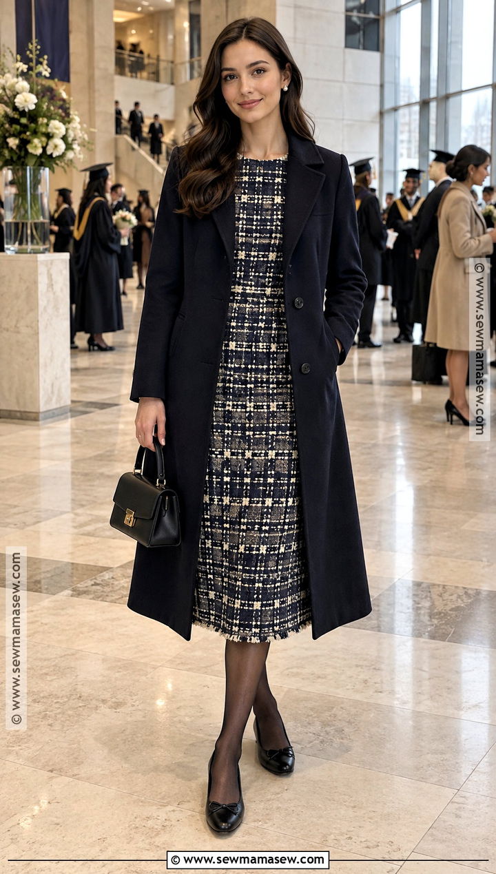 Tweed Dress With Ballet Flats And Top Handle Bag - 15 fall graduation guest outfit ideas