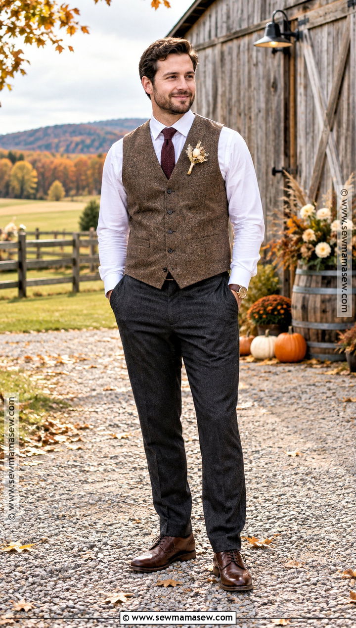 Tweed Groom Waistcoat With Wool Trousers - 20 fall groom attire ideas