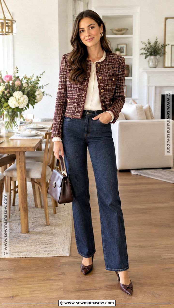 Tweed Jacket And Dark Jeans Bridal Shower Outfit - 20 fall bridal shower outfit for guest casual ideas