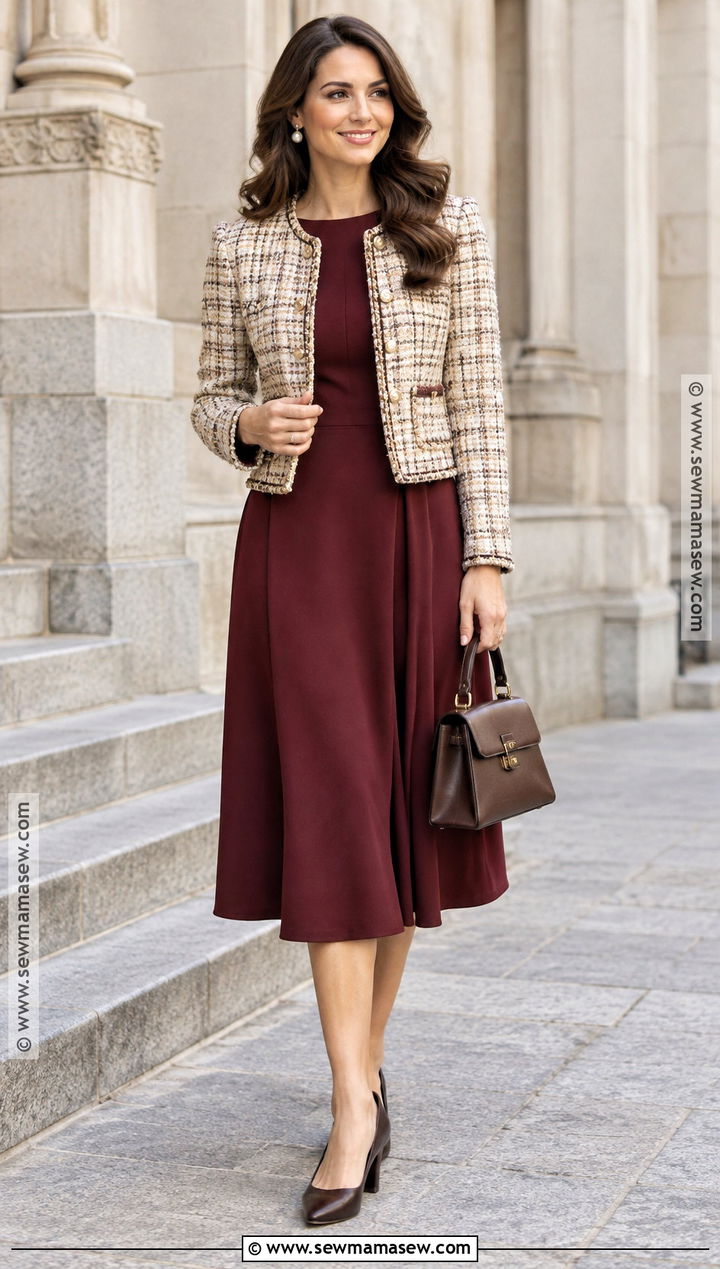 Tweed Jacket And Midi Dress Fall Church Outfit - 20 modest fall outfits church