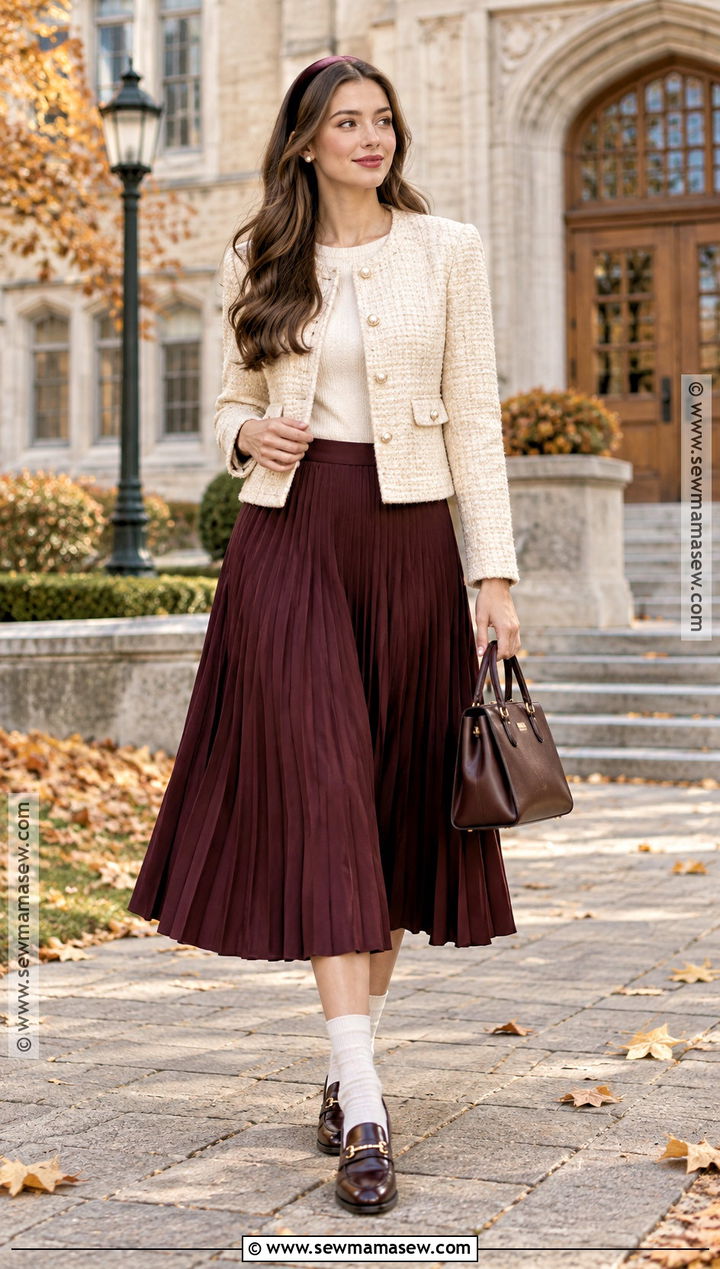 Tweed Jacket And Pleated Skirt Fall Princess Outfit - 15 Fall Princess Outfit Ideas