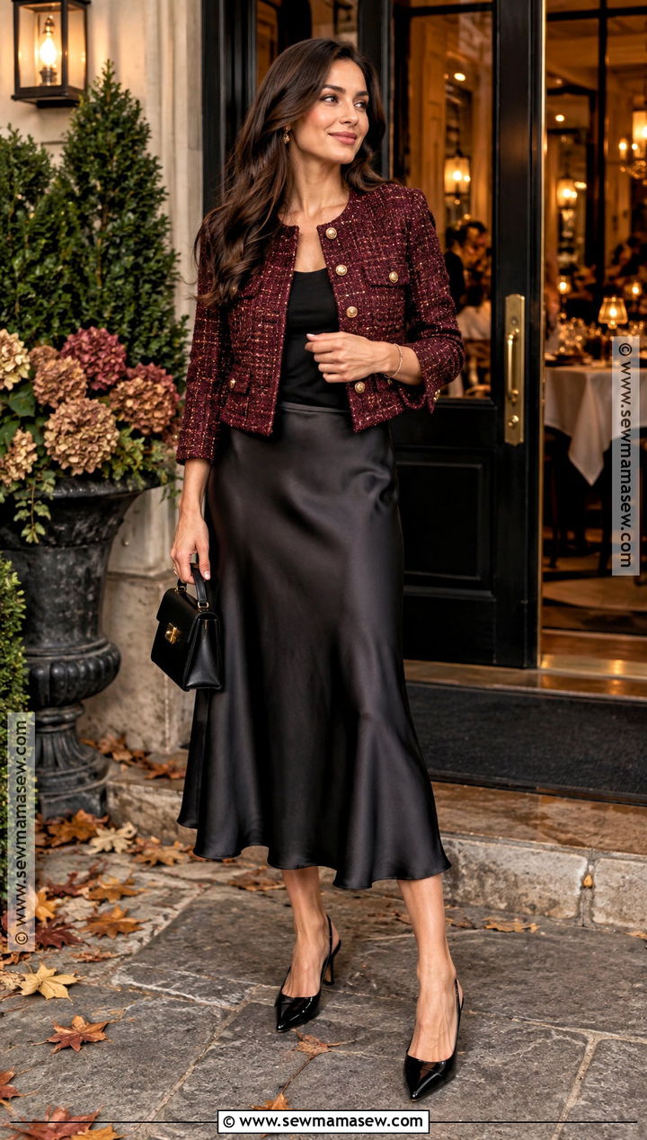 Tweed Jacket And Satin Skirt Rehearsal Dinner Outfit - 20 rehersal dinner outfit fall guest ideas