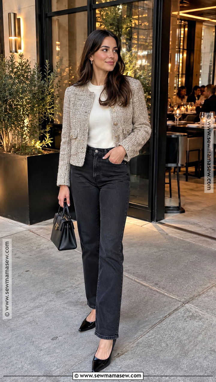 Tweed Jacket And Straight Jeans Fall Outfit - 25 fall date night outfit classy ideas