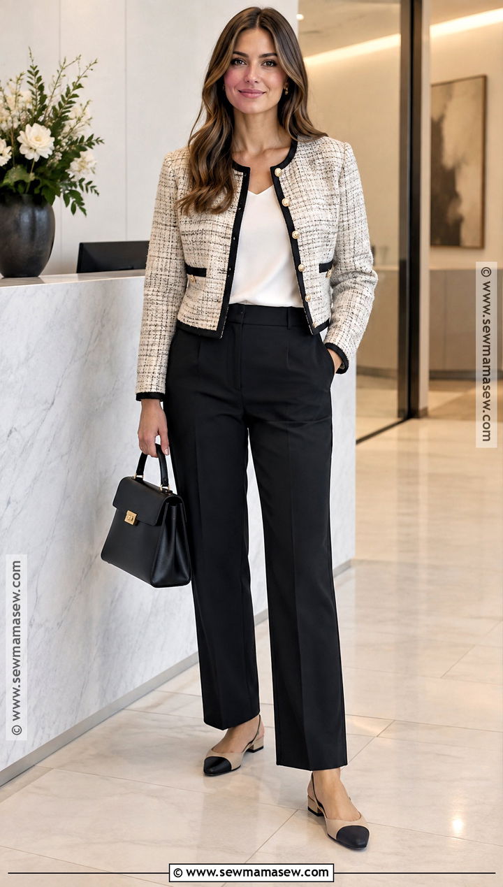 Tweed Jacket And Straight Leg Trousers Autumn Work Outfit - 15 Work Outfit Autumn Office Wear Ideas