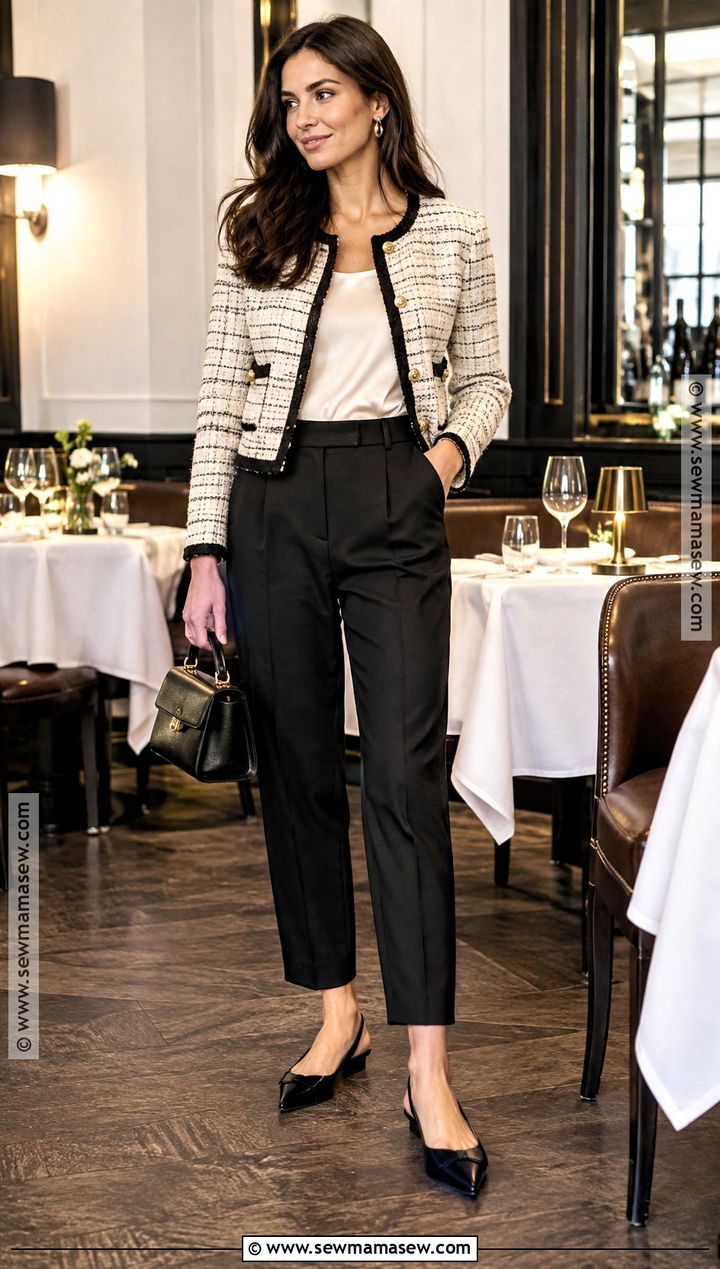 Tweed Jacket And Tailored Pants Fall Dinner Party Outfit - 25 fall dinner party outfit ideas