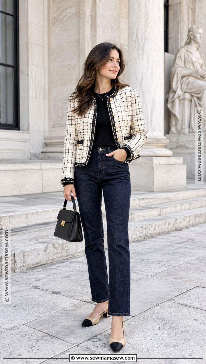 Tweed Jacket and Straight Leg Jeans Fall Outfit - 25 elegant fall outfits