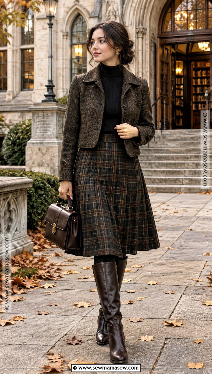 Tweed Skirt And Knee High Boots Witchy Fall Outfit - 25 witchy fall outfits