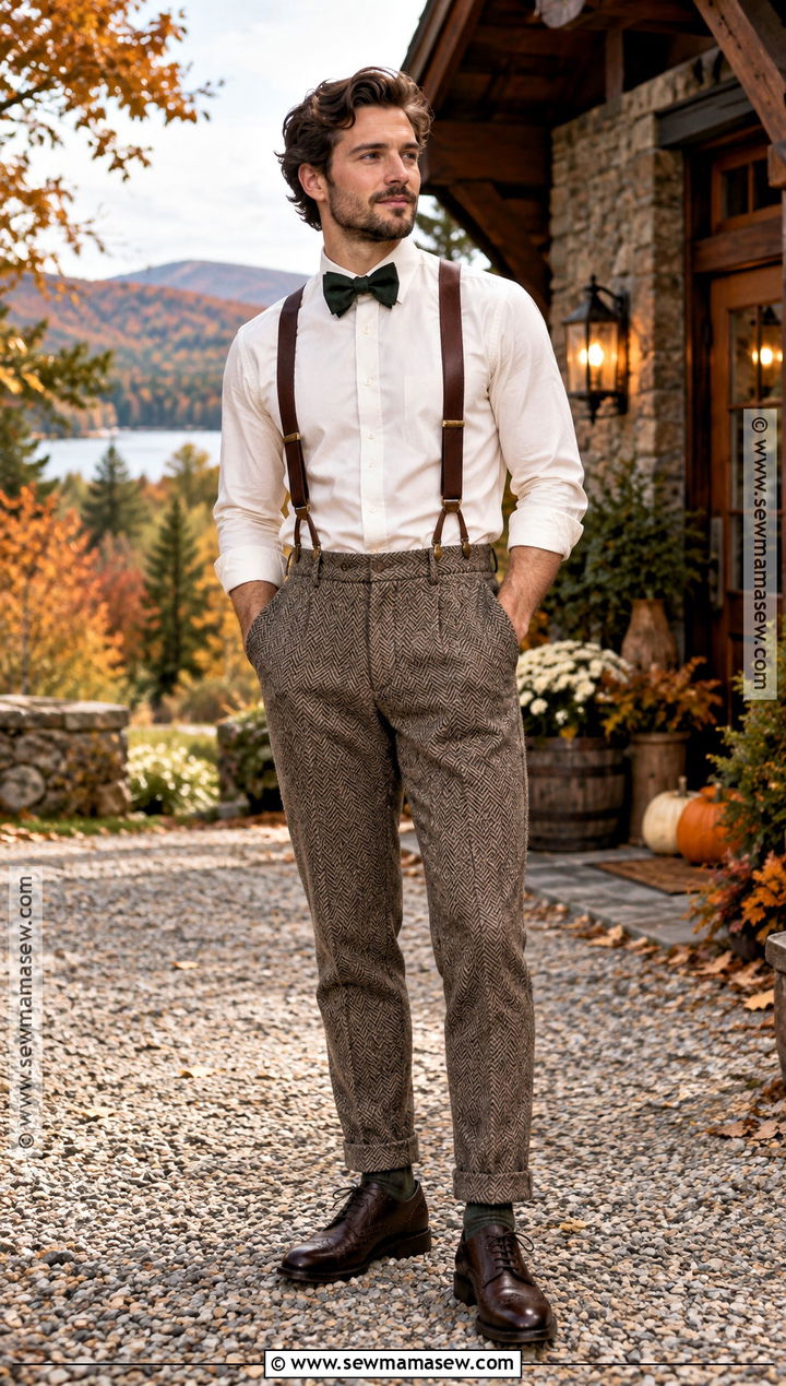 Tweed Trousers With Leather Suspenders And Wool Bow Tie - 15 Fall Wedding Suspenders Bow Ties Ideas