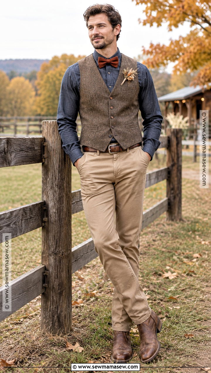 Tweed Vest And Denim Shirt Groom Outfit - 15 casual groom attire fall ideas