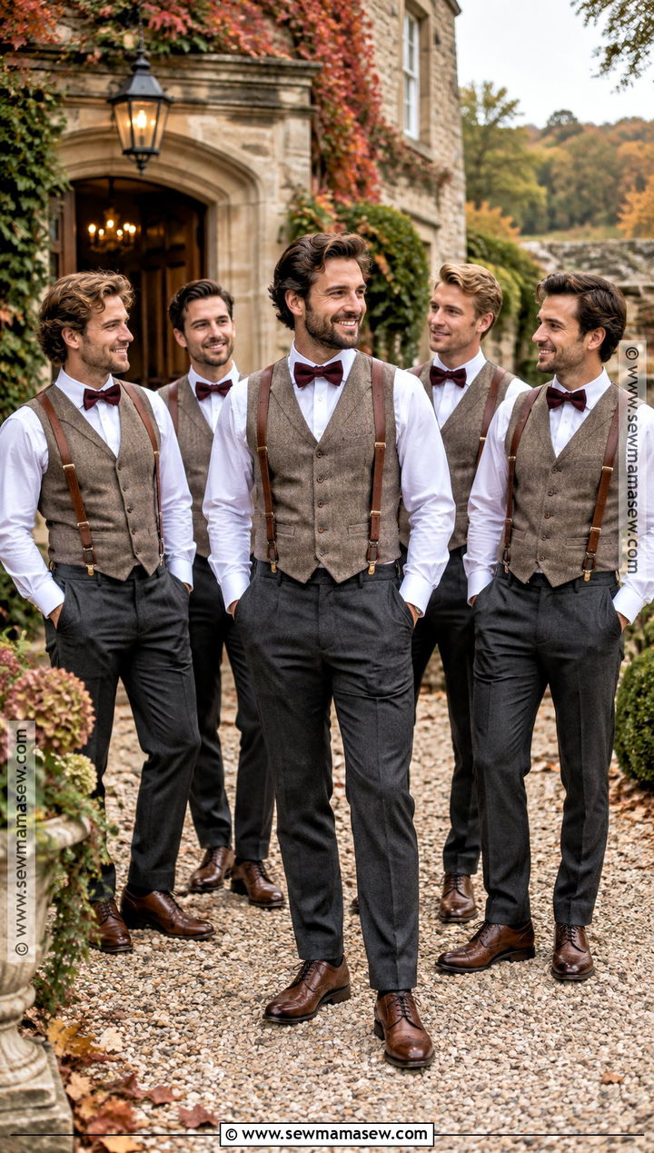 Tweed Vest With Brown Suspenders - 15 fall wedding groomsmen attire suspenders ideas
